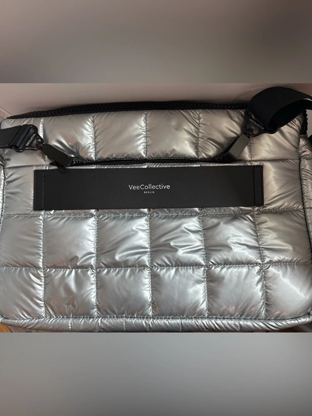 VeeCollective Porter Quilted Laptop Sleeve- Metallic Silver (fits up to 16”)